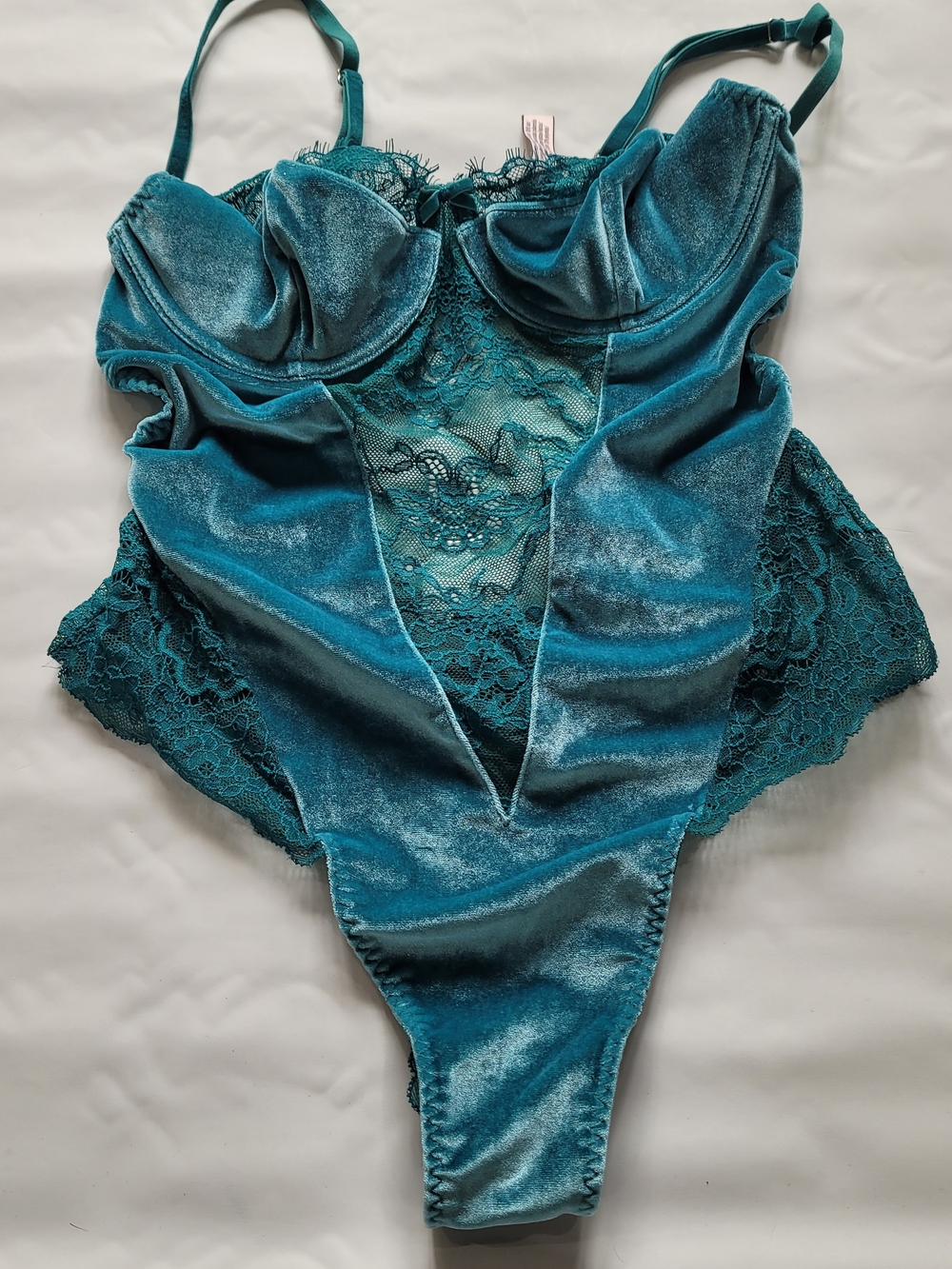 Victoria's Secret Teal Velvet & Lace Chemise Bodysuit